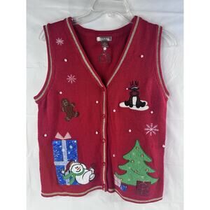 Christmas Snowman Gingerbread Reindeer Sweater Vest Grannycore Teacher Small